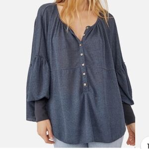 Free‎ People Marla Henley Top Oversized  Blue Lagenlook Slouchy Relaxed LG